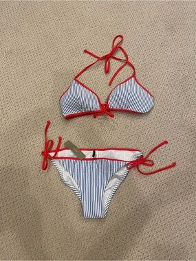 J. Crew Navy and White Seersucker Striped Bikini with Red Trim